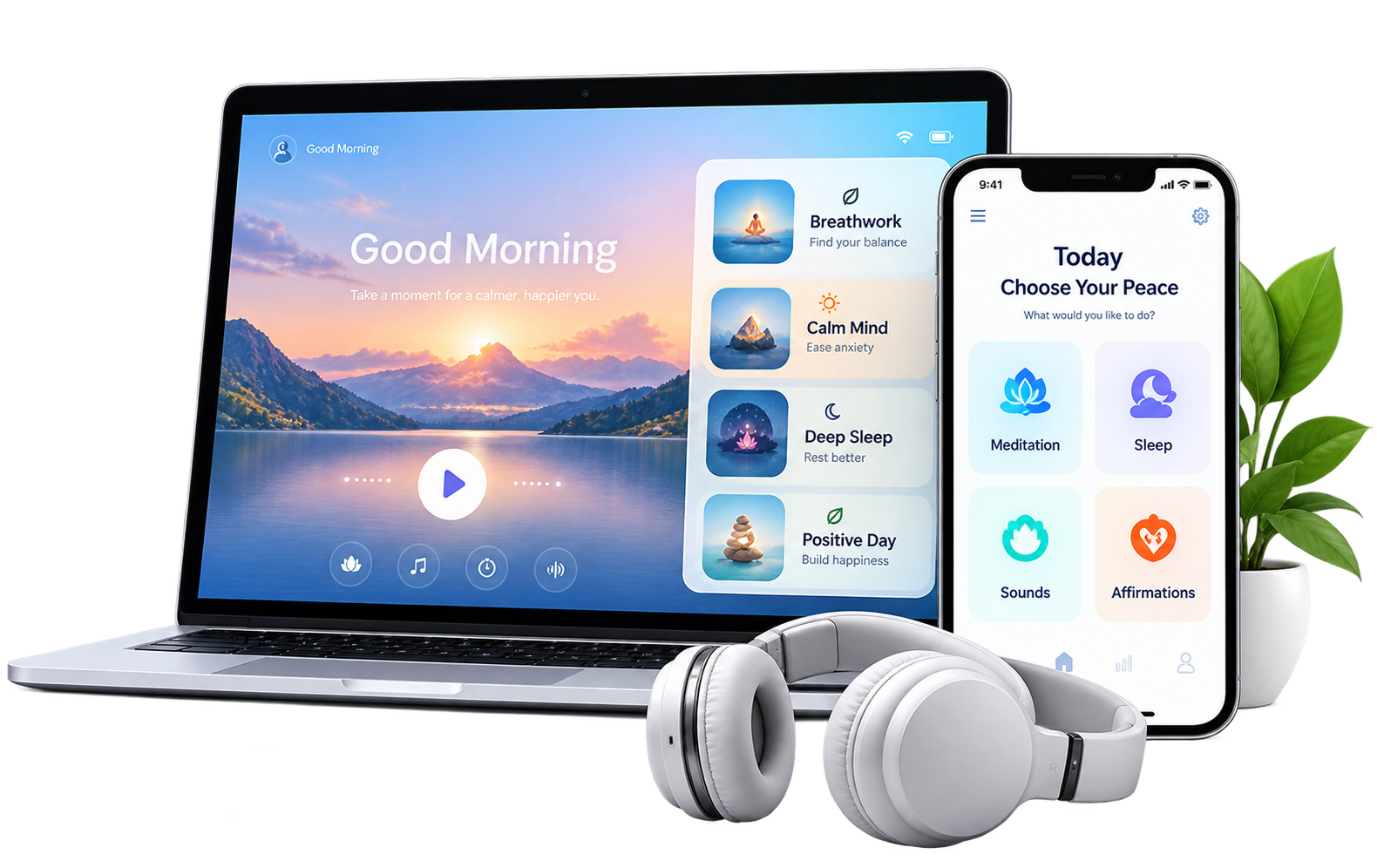 SuperGrowVibes meditation and sleep experiences on a laptop and phone, with headphones.