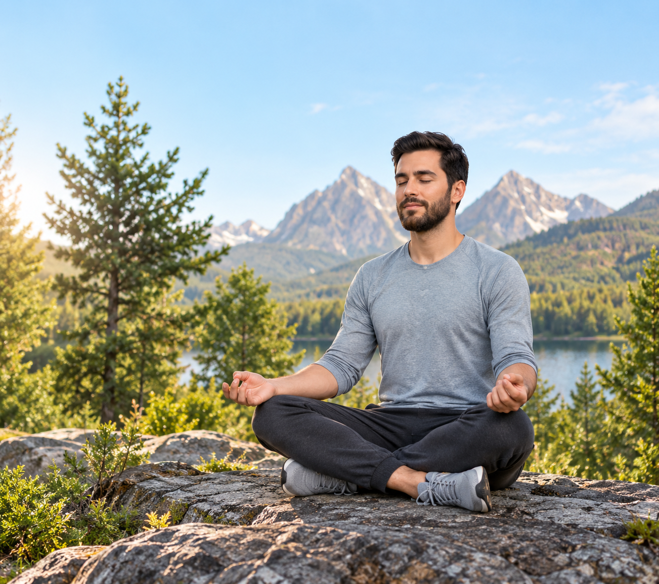 Man meditating outdoors beside a mountain lake