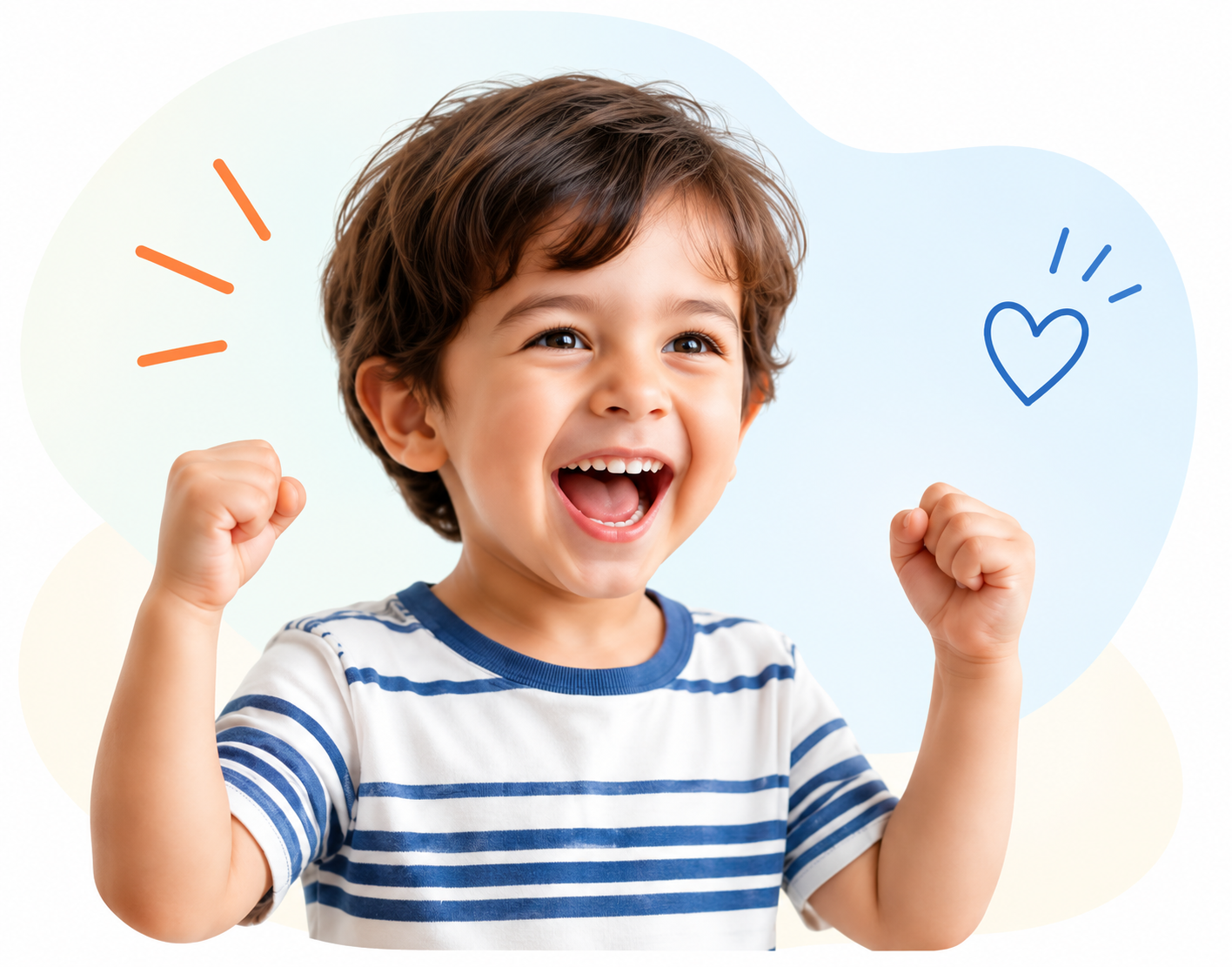 A smiling child celebrating with both hands raised.