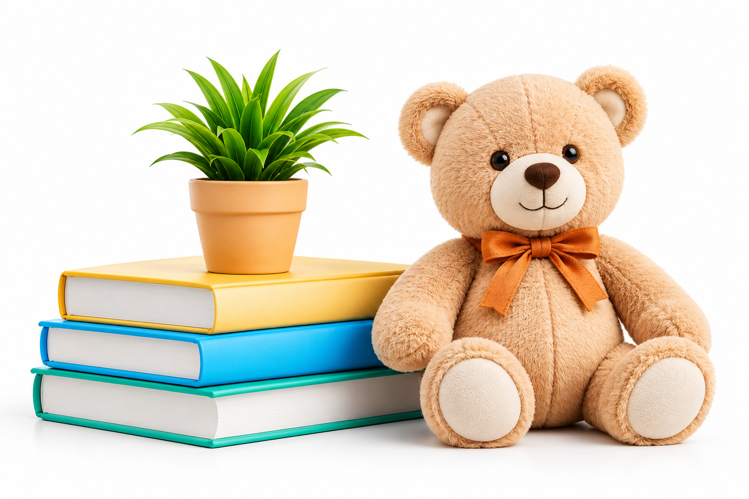 A teddy bear beside a stack of books and a small green plant.