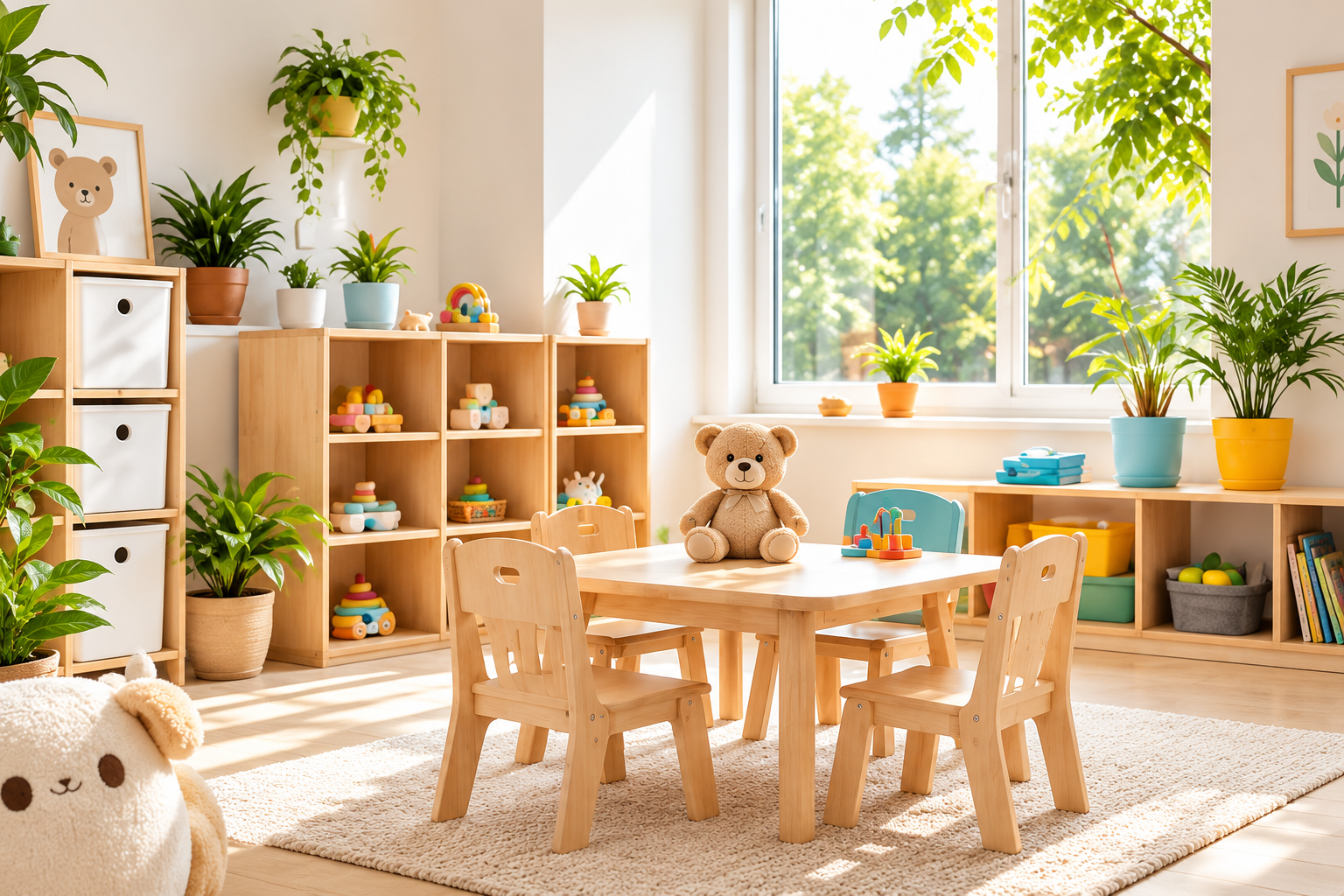 A bright, welcoming playroom with wooden tables, age-appropriate toys, plants and a teddy bear.