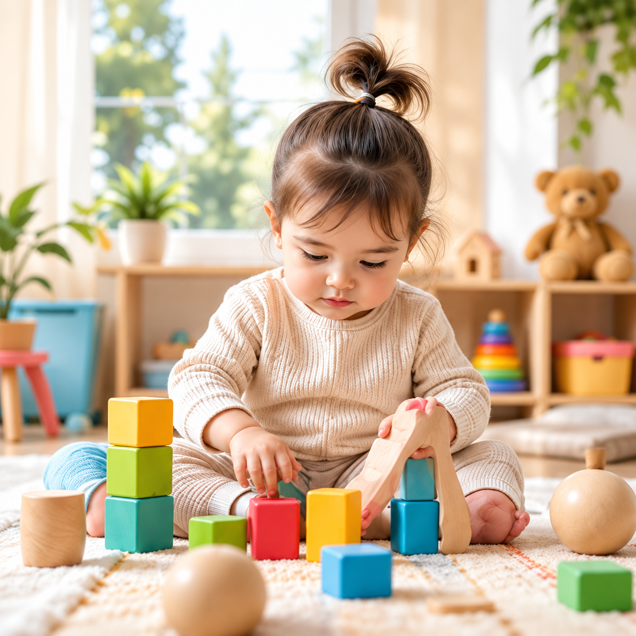 A young child exploring colourful wooden building blocks in a calm, sunlit playroom.